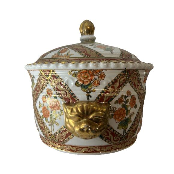 Oriental Other - 11” Oriental Accent Decorative Tureen Lion Handles Large Chinese Porcelain Green